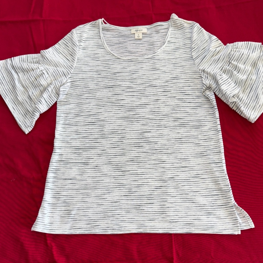 STYLE & CO. White and Gray Striped Blouse with Flared Ruffle Sleeves EUC M